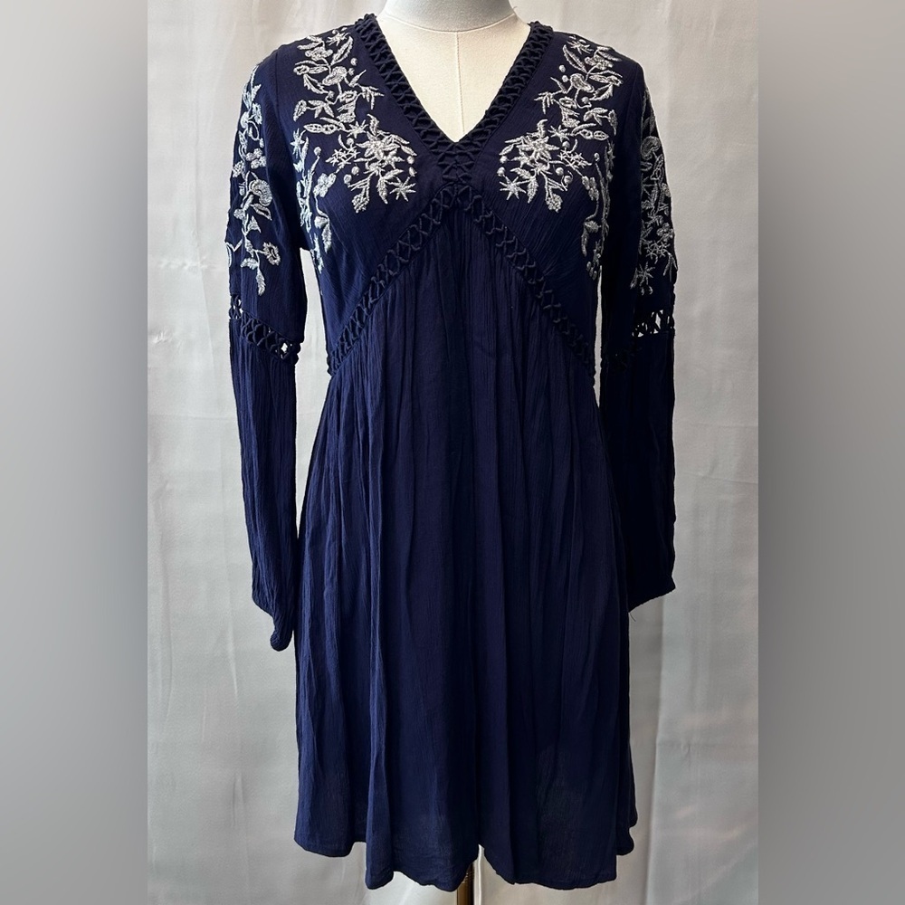 Navy Boho Pheasant Cottagecore Feminine Dress with Silver Embroidery Size S
